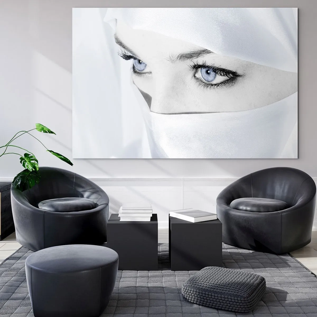 Glastavla - Bild på glas - Ett subtilt porträtt med uttrycksfulla blå ögon - 70x50cm - Direkt från 1000 och en natt - Modern väggdekoration för vardagsrum och sovrum ARTTOR