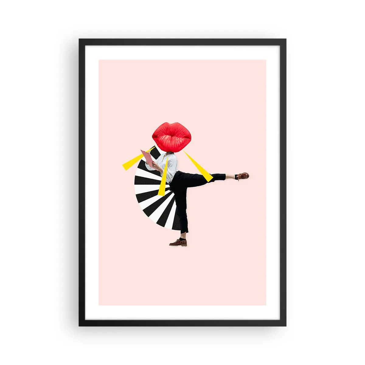Affisch i svart ram - En surrealistisk komposition med läppar och geometriska element mot en rosa bakgrund. - 50x70cm - Surrealistisk pop-art - Modern väggdekoration för vardagsrum och sovrum ARTTOR