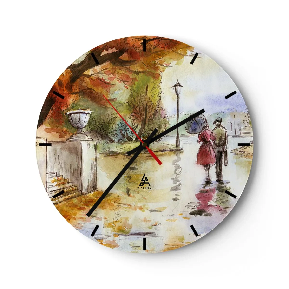 Väggklocka - Klocka på glas - En höstpromenad i parken målad i akvarell - 30x30cm - Romantisk höst i parken - Modern väggdekoration för vardagsrum, kök och sovrum ARTTOR