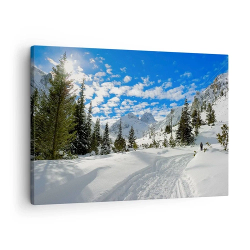 Canvastavla - Bild på duk - Vinterbergslandskap med en skog och en stig i snön - 70x50cm - I snön och i solen - Modern väggdekoration för vardagsrum och sovrum ARTTOR
