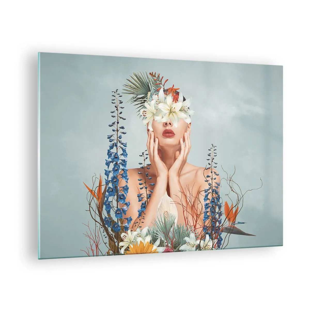 Glastavla - Bild på glas - Figur av en kvinna med blomsterkrona och blomsterarrangemang - 70x50cm - Kvinna - blomma - Modern väggdekoration för vardagsrum och sovrum ARTTOR