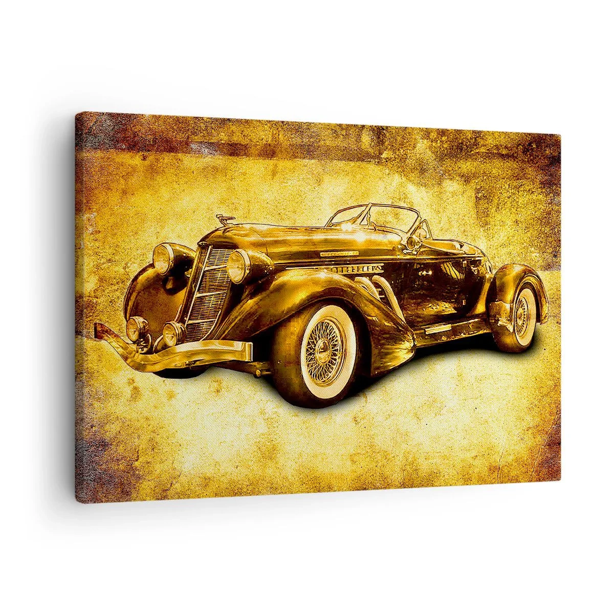 Canvastavla - Bild på duk - En klassisk guldfärgad retro cabriolet mot en vintagebakgrund i varma färger. - 70x50cm - Elitens elit - Modern väggdekoration för vardagsrum och sovrum ARTTOR