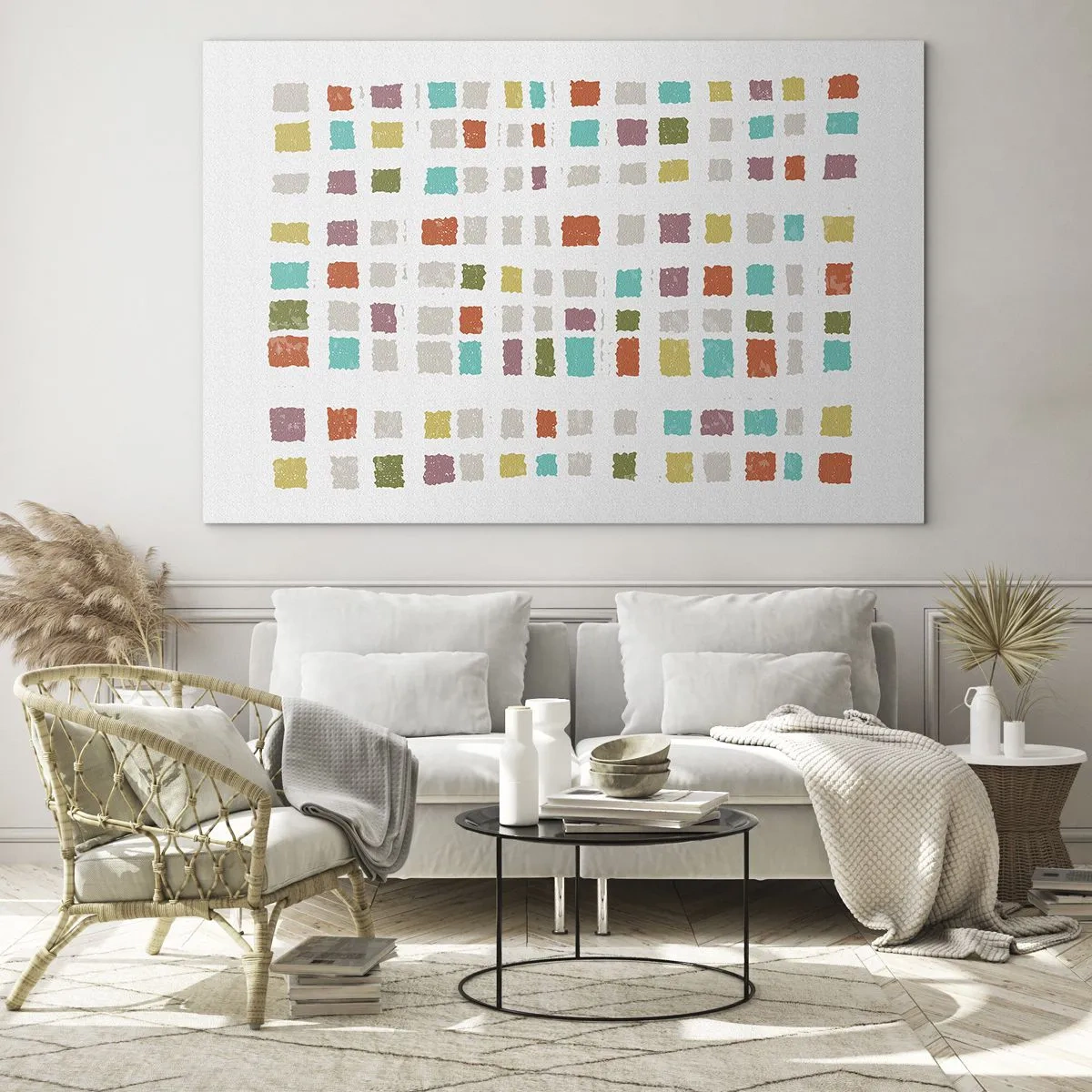 Glastavla - Bild på glas - Färgglad mosaik av rutor på en vit bakgrund i abstrakt stil - 70x50cm - Ett okänt spel - Modern väggdekoration för vardagsrum och sovrum ARTTOR