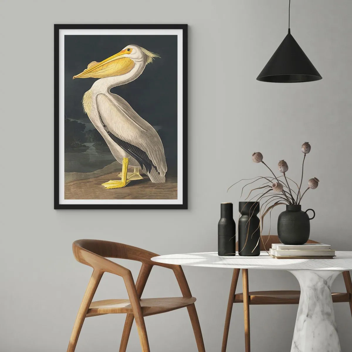 Affisch i svart ram - Pelikan i en klassisk illustration mot en mörk bakgrund - 50x70cm - Full av stolthet - Modern väggdekoration för vardagsrum och sovrum ARTTOR
