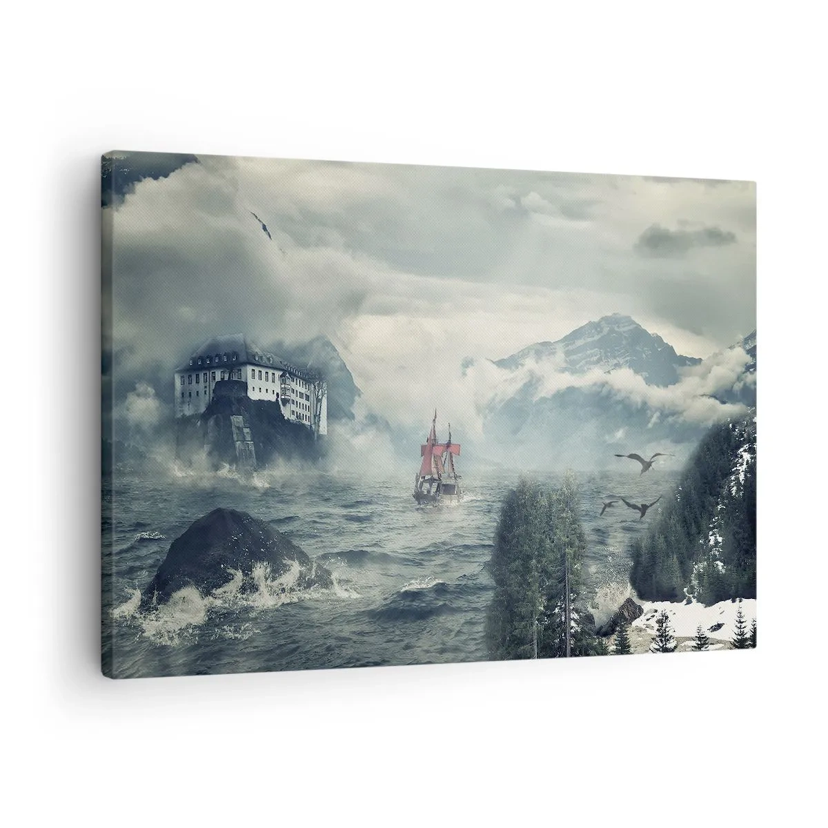 Canvastavla - Bild på duk - Ett mystiskt landskap med ett slott, berg och ett skepp - 70x50cm - På magiska vatten - Modern väggdekoration för vardagsrum och sovrum ARTTOR