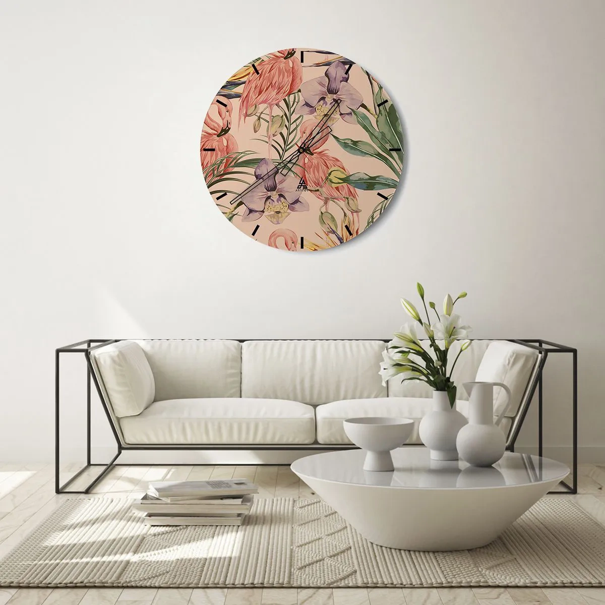 Väggklocka - Klocka på glas - Flamingos och blommor på en beige bakgrund - 30x30cm - Rosa balett i blommor - Modern väggdekoration för vardagsrum, kök och sovrum ARTTOR