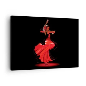 Canvastavla - Bild på duk - Flamencodansare i en röd klänning mot en svart bakgrund - 70x50cm - Flamencos brinnande anda - Modern väggdekoration för vardagsrum och sovrum ARTTOR