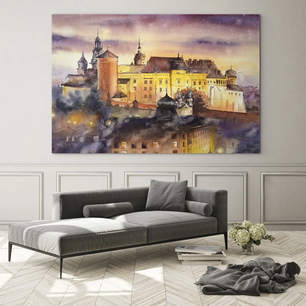 Glastavla - Bild på glas - Akvarell illustration av ett slott på en kulle vid solnedgången - 70x50cm - En historia och en berättelse - Modern väggdekoration för vardagsrum och sovrum ARTTOR