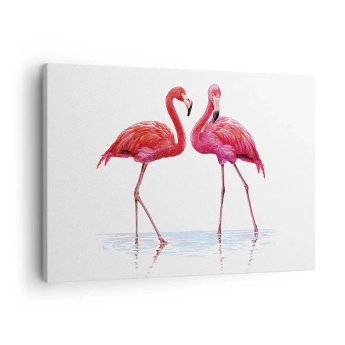 Canvastavla - Bild på duk - Ett par flamingos i vattnet mot en ljus bakgrund - 70x50cm - Rosa rendez-vous - Modern väggdekoration för vardagsrum och sovrum ARTTOR
