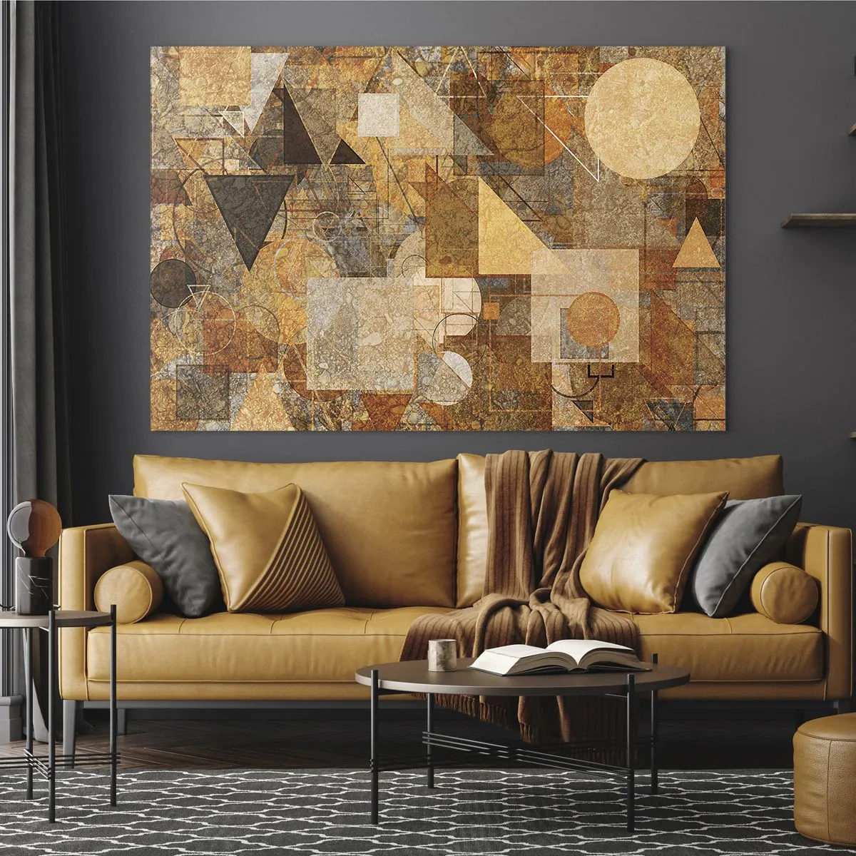 Glastavla - Bild på glas - Abstrakta geometriska mönster i varma färger - 70x50cm - Kubistisk studie i brun - Modern väggdekoration för vardagsrum och sovrum ARTTOR