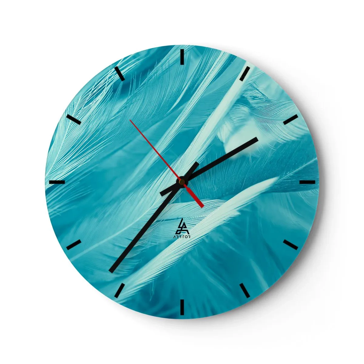 Väggklocka - Klocka på glas - Blå fjädrar i en delikat bild - 30x30cm - Drunkna i dun - Modern väggdekoration för vardagsrum, kök och sovrum ARTTOR