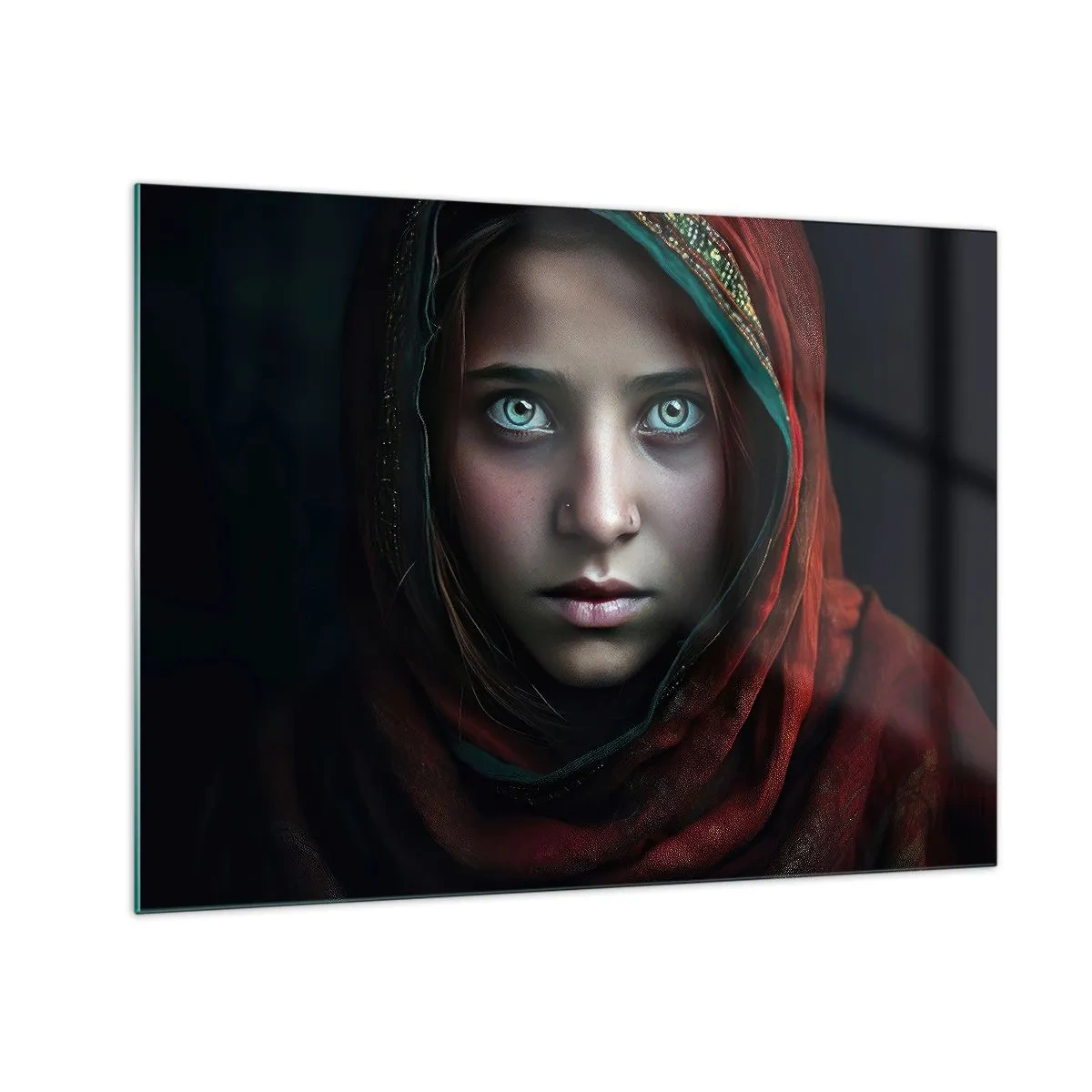 Glastavla - Bild på glas - Porträtt av en kvinna i en röd halsduk mot en mörk bakgrund - 70x50cm - Östlig prinsessa - Modern väggdekoration för vardagsrum och sovrum ARTTOR