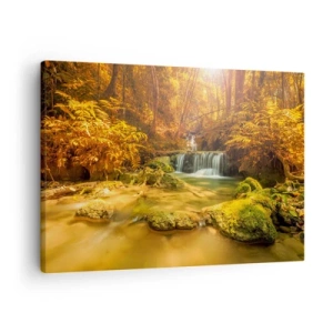 Canvastavla - Bild på duk - Ett gyllene vattenfall i en höstskog omgiven av grönska - 70x50cm - Skogkaskad i gult - Modern väggdekoration för vardagsrum och sovrum ARTTOR