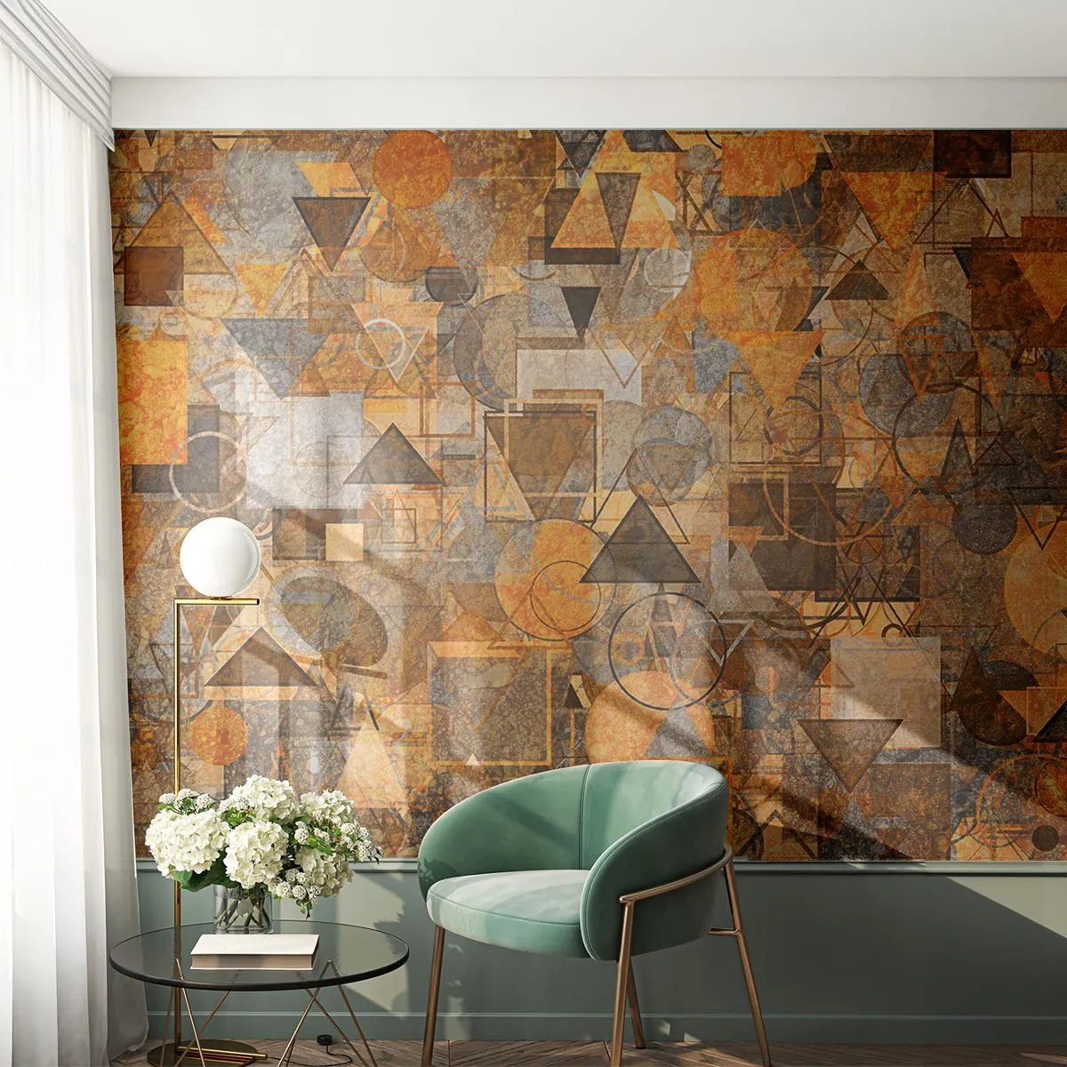 Fototapet Standard Eco - Gyllenbrun geometrisk abstraktion med trianglar - 100x70cm - Värld infattad i form - Modern väggdekoration för vardagsrum och sovrum ARTTOR