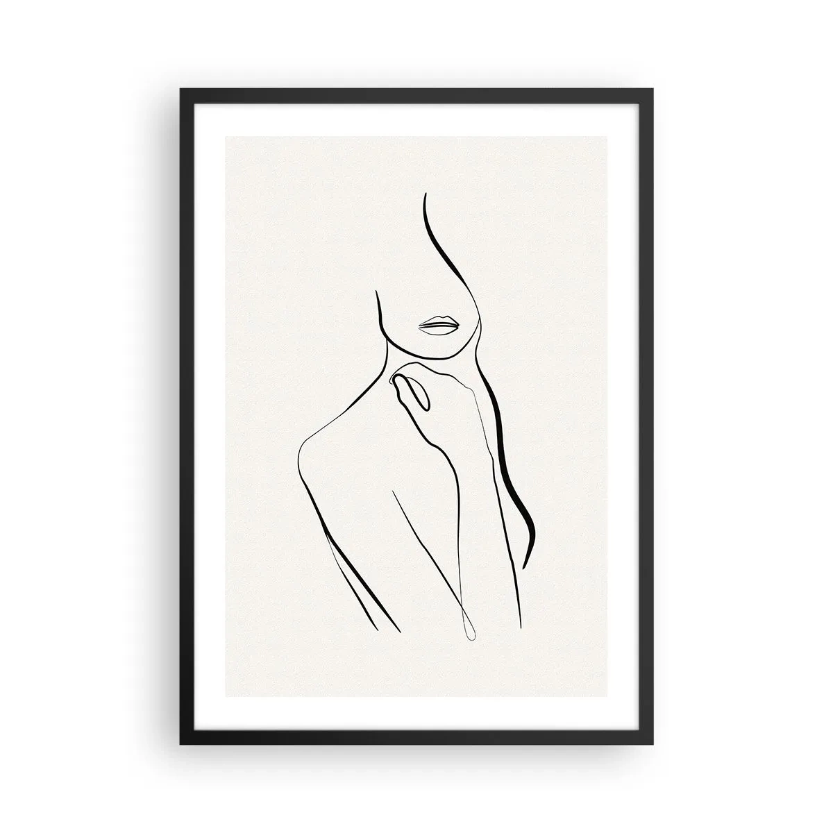 Affisch i svart ram - En minimalistisk linje av en kvinnlig silhuett mot en ljus bakgrund - 50x70cm - Melankolins våg - Modern väggdekoration för vardagsrum och sovrum ARTTOR