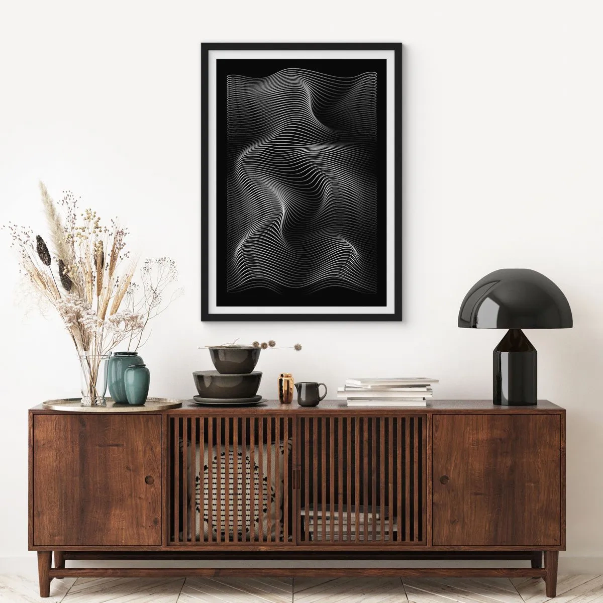 Affisch i svart ram - Minimalistiska vågor i svartvitt - 50x70cm - Ljusets dans i rymden - Modern väggdekoration för vardagsrum och sovrum ARTTOR