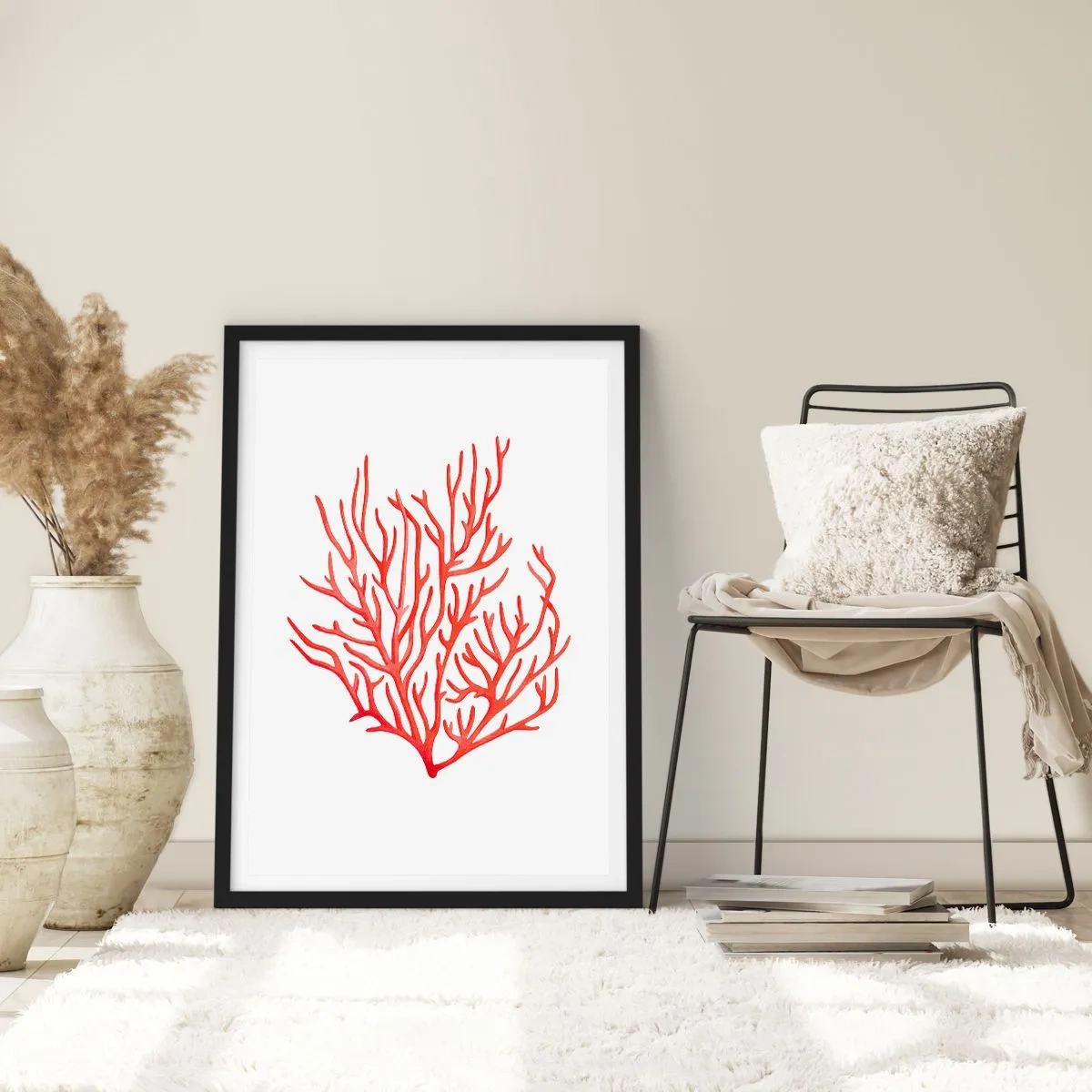 Affisch i svart ram - Röd korall på vit bakgrund i minimalistisk stil - 50x70cm - Filigran av korall - Modern väggdekoration för vardagsrum och sovrum ARTTOR