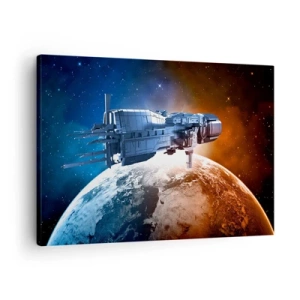 Canvastavla - Bild på duk - Ett rymdskepp mot bakgrund av en planet i rymden - 70x50cm - Uppmärksam åskådare - Modern väggdekoration för vardagsrum och sovrum ARTTOR