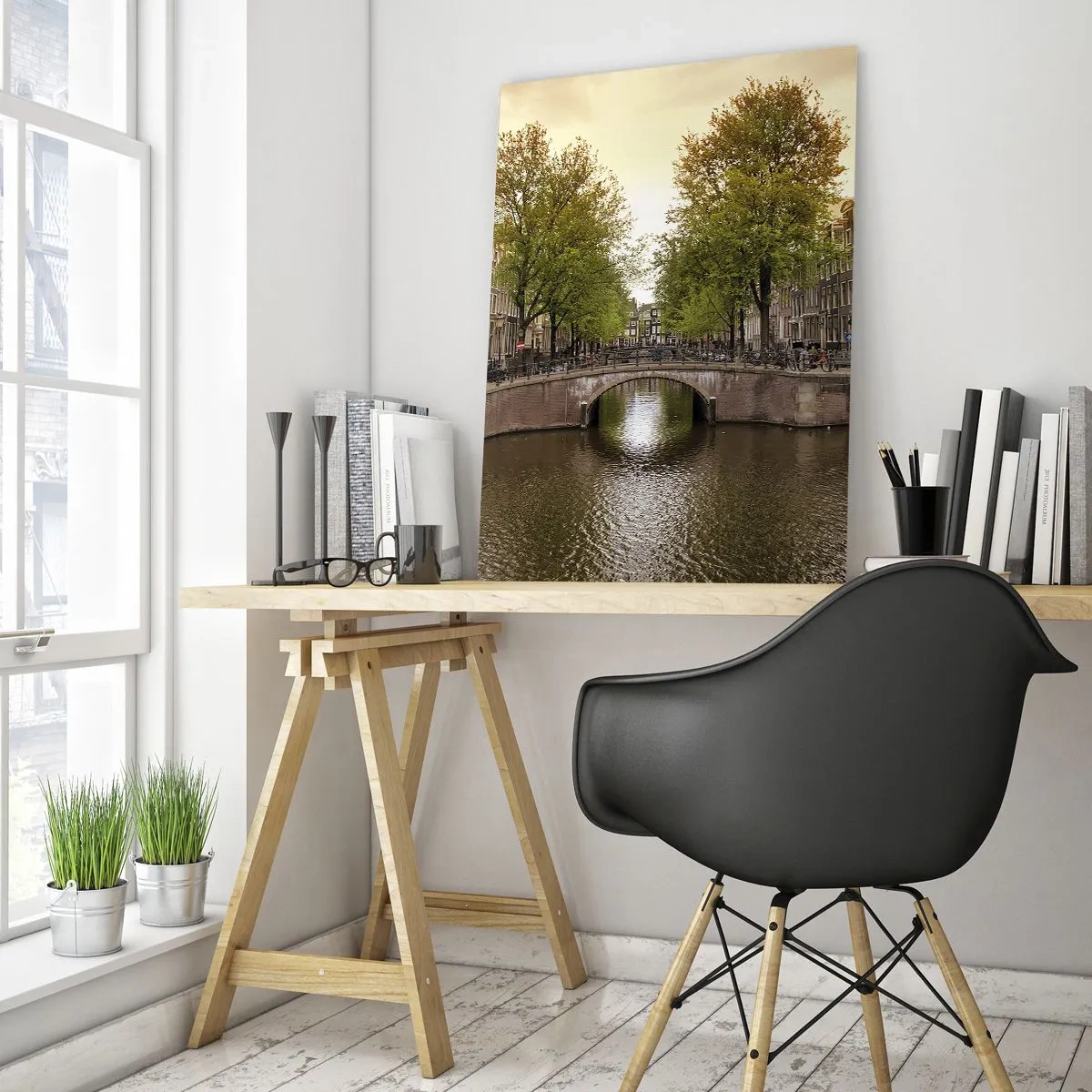 Glastavla - Bild på glas - Med båt eller cykel? - 50x70 cm