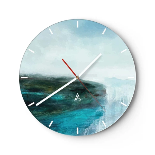 Väggklocka - Klocka på glas - Ett havslandskap med en klippa i turkosa och blå toner - 30x30cm - Marin abstraktion - Modern väggdekoration för vardagsrum, kök och sovrum ARTTOR