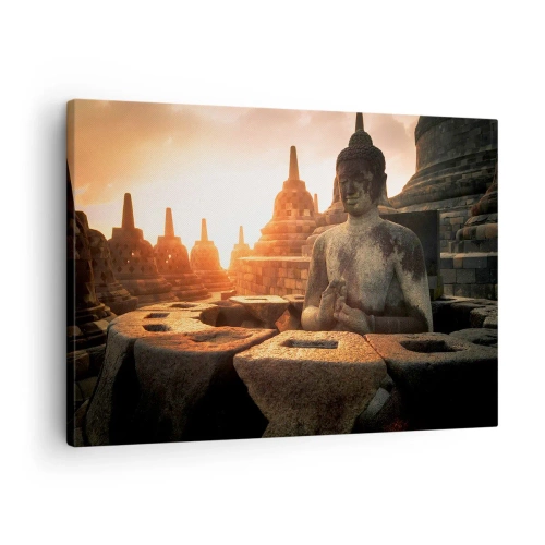 Canvastavla - Bild på duk - Buddhastaty vid Borobudur-templet vid solnedgången - 70x50cm - Stora visdomens väder - Modern väggdekoration för vardagsrum och sovrum ARTTOR