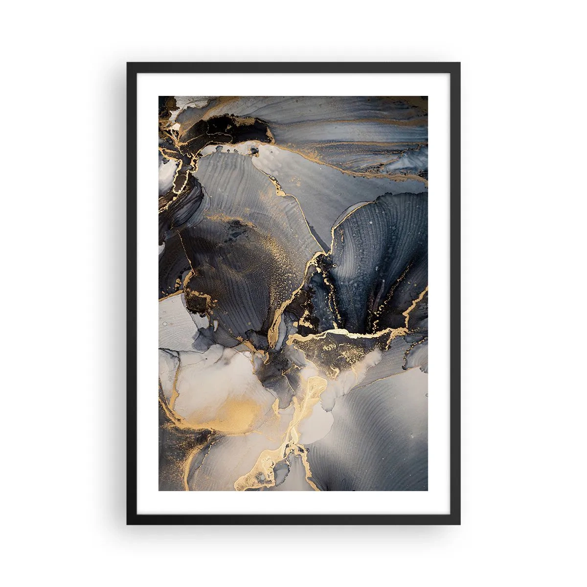 Affisch i svart ram - En abstrakt komposition i mörka nyanser med guldaccenter. - 50x70cm - En stens liv - Modern väggdekoration för vardagsrum och sovrum ARTTOR