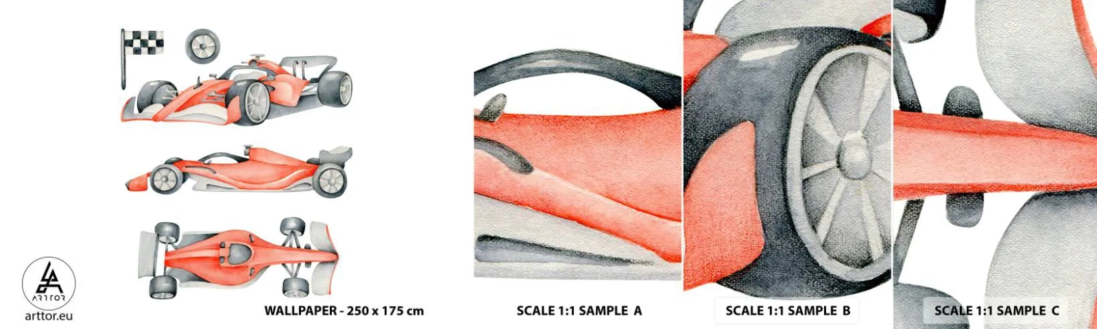 Provbit av självhäftande fototapet Deluxe Sticker - Att komma ikapp en dröm - Racerbilar, Bilar, Barns - 100x30 cm