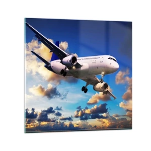 Glastavla - Bild på glas - Resa i vitt och blått - 50x50 cm