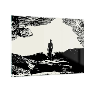 Glastavla - Bild på glas - Silhuett av en kvinna som kommer ut ur en grotta i svartvit grafik - 70x50cm - En ny blick - Modern väggdekoration för vardagsrum och sovrum ARTTOR
