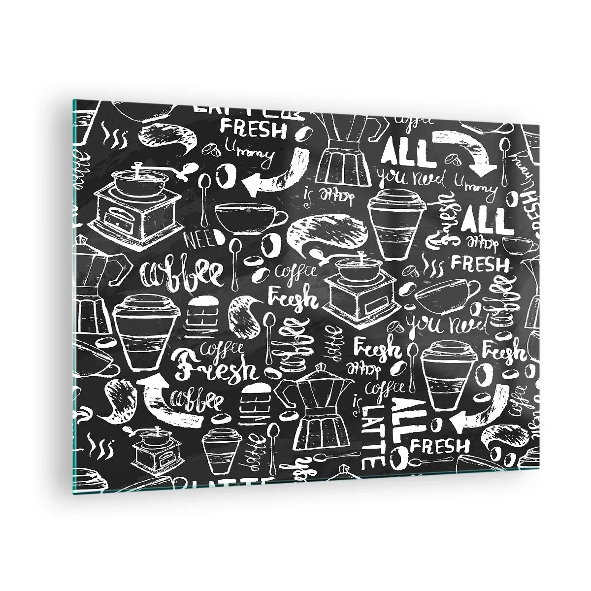 Glastavla - Bild på glas - Kaffegrafik och bokstäver på svart bakgrund i retrostil - 70x50cm - All you need is… - Modern väggdekoration för vardagsrum och sovrum ARTTOR