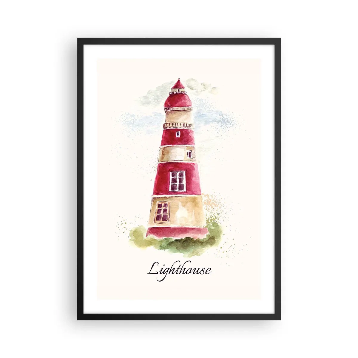 Affisch i svart ram - Akvarell illustration av en fyr på en ljus bakgrund - 50x70cm - Det är alltid något väder - Modern väggdekoration för vardagsrum och sovrum ARTTOR