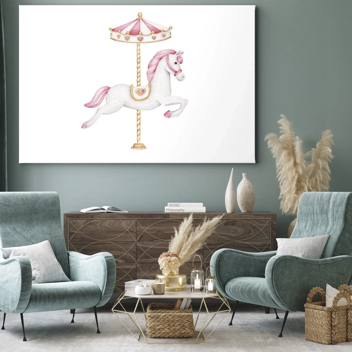Canvastavla - Bild på duk - En karusellhäst i pastellrosa nyanser - 70x50cm - Han gav sig iväg med en hov - Modern väggdekoration för vardagsrum och sovrum ARTTOR