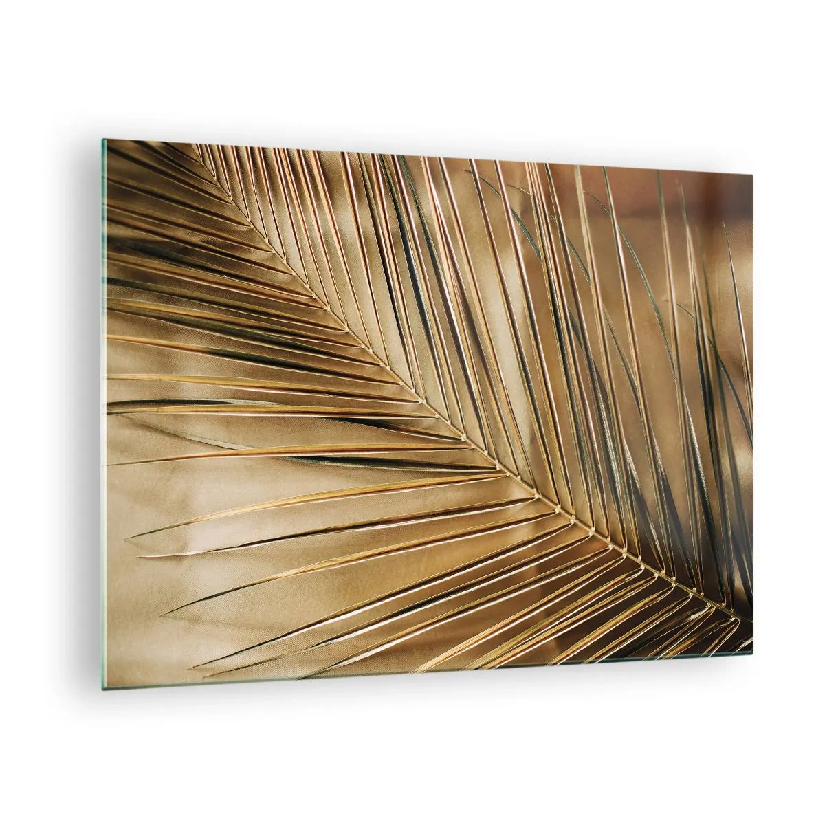 Glastavla - Bild på glas - Närbild av ett palmblad i gyllenbruna toner - 70x50cm - Naturlig pelargång - Modern väggdekoration för vardagsrum och sovrum ARTTOR