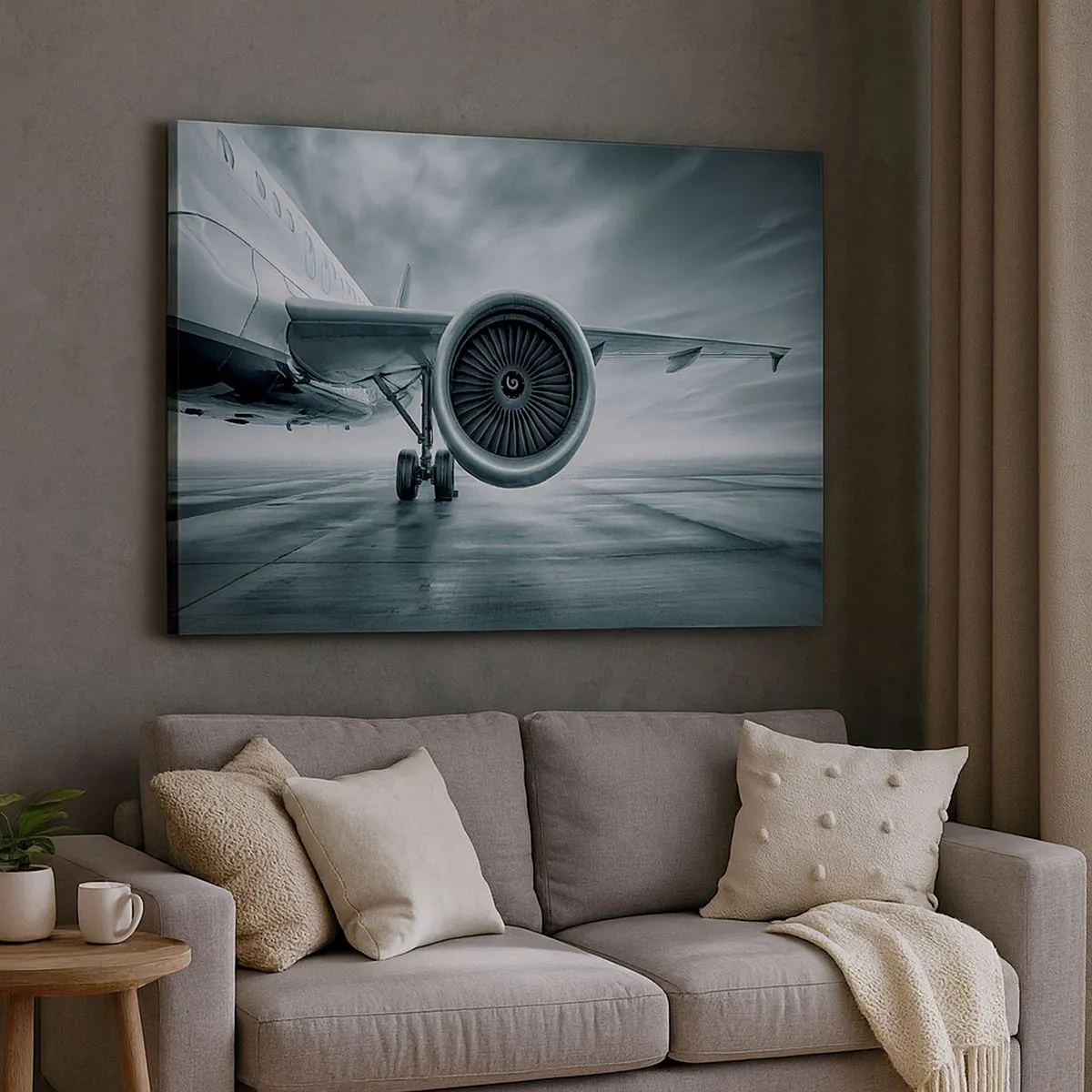 Canvastavla - Bild på duk - Ett flygplans jetmotor på asfalten - 70x50cm - Kraften finns! - Modern väggdekoration för vardagsrum och sovrum ARTTOR
