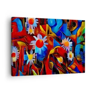 Canvastavla - Bild på duk - Abstrakta blommor mot en bakgrund av geometriska mönster - 70x50cm - Livets färger - Modern väggdekoration för vardagsrum och sovrum ARTTOR