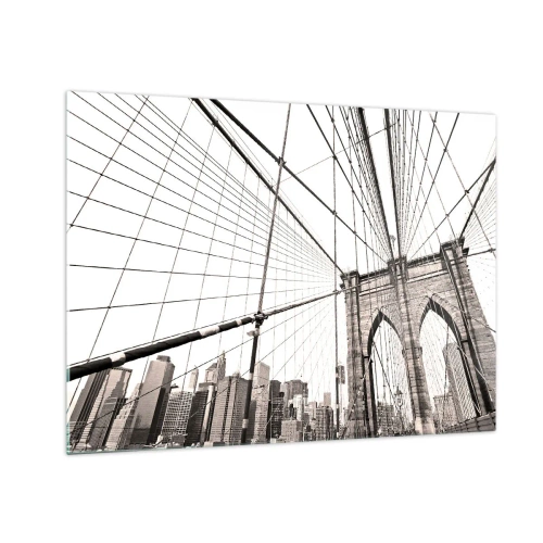 Glastavla - Bild på glas - En hängbro med ett stadspanorama i bakgrunden i sepia - 70x50cm - Domkyrkan i New York - Modern väggdekoration för vardagsrum och sovrum ARTTOR