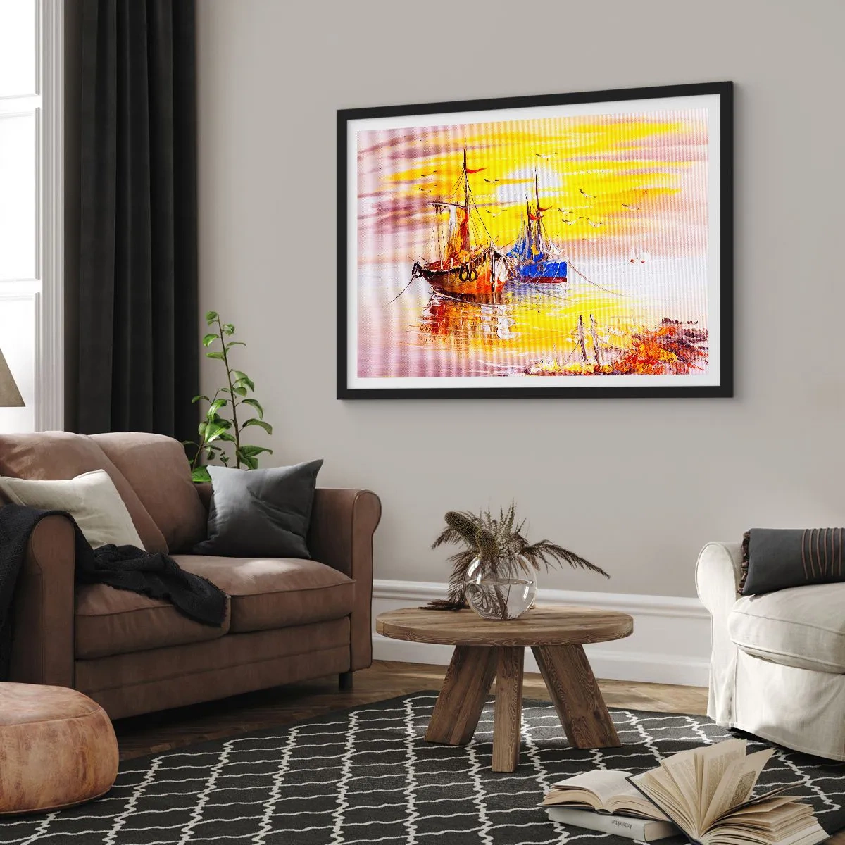 Affisch i svart ram - Välförtjänt vila i hamnen - 70x50 cm