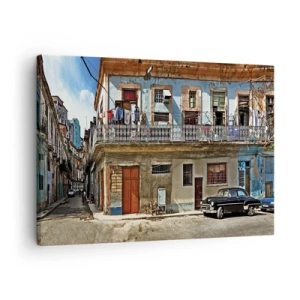 Canvastavla - Bild på duk - Färgglada hyreshus och en klassisk bil i stadslandskapet - 70x50cm - Havana stämning - Modern väggdekoration för vardagsrum och sovrum ARTTOR