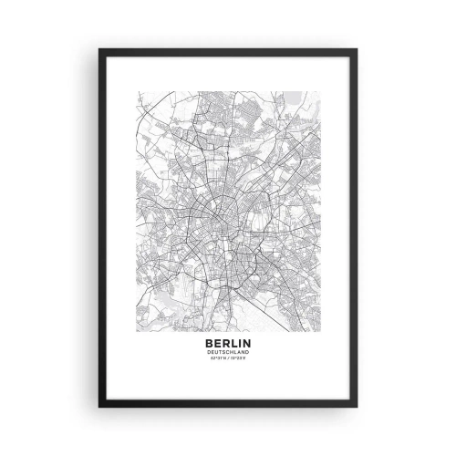 Affisch i svart ram - En svartvit karta över Berlin med exakt kartlagda gator. - 50x70cm - Berlins blomma - Modern väggdekoration för vardagsrum och sovrum ARTTOR