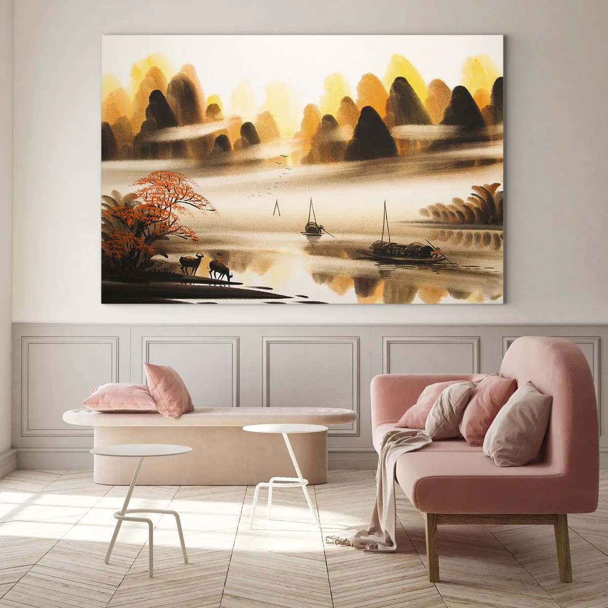 Glastavla - Bild på glas - Orientaliskt landskap med båtar och berg i dimman - 70x50cm - Längre bort än Fjärran Östern - Modern väggdekoration för vardagsrum och sovrum ARTTOR