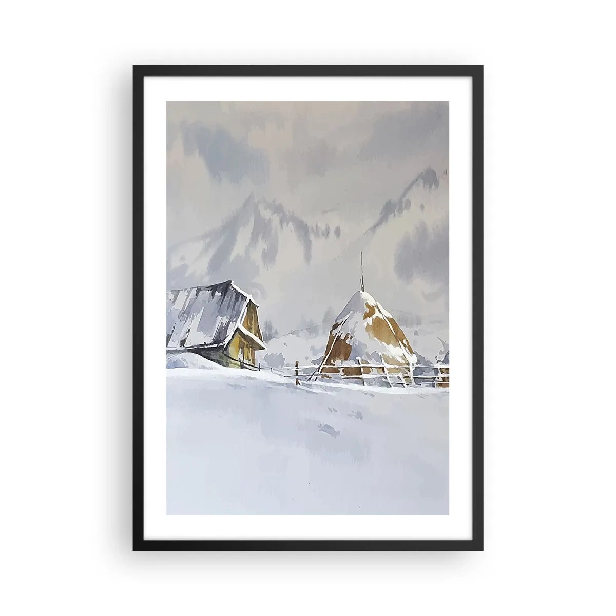 Affisch i svart ram - Vinterlandskap med en stuga och en höstack i bergen - 50x70cm - I snödalen - Modern väggdekoration för vardagsrum och sovrum ARTTOR