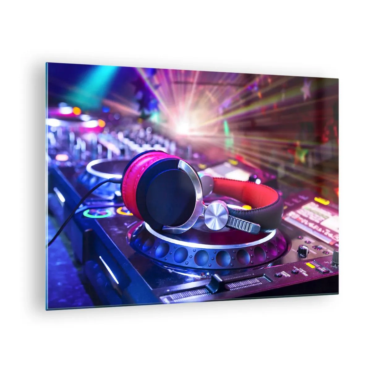 Glastavla - Bild på glas - DJ-utrustning med färgade lampor och hörlurar - 70x50cm - Låt partyt börja - Modern väggdekoration för vardagsrum och sovrum ARTTOR