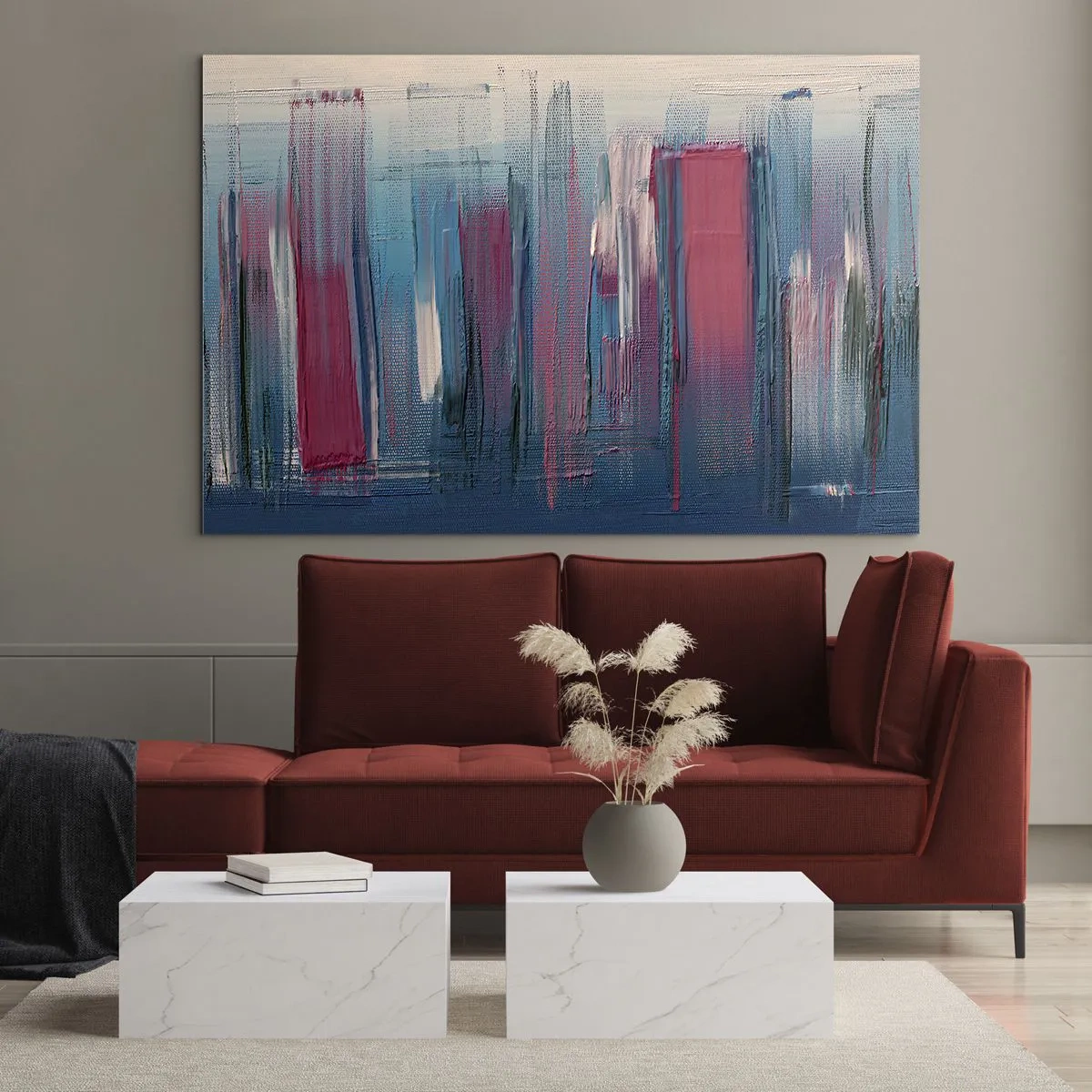 Glastavla - Bild på glas - Vertikala penseldrag i rött och blått mot en beige bakgrund - 70x50cm - Vertikal komposition i blått och rött - Modern väggdekoration för vardagsrum och sovrum ARTTOR