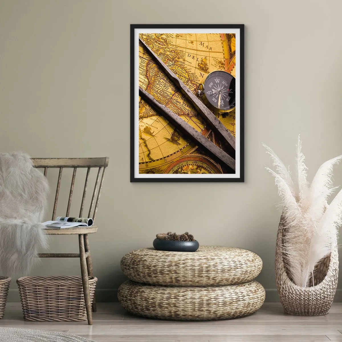 Affisch i svart ram - Gammal karta med kompass och navigationsverktyg - 50x70cm - Var är skatterna? - Modern väggdekoration för vardagsrum och sovrum ARTTOR