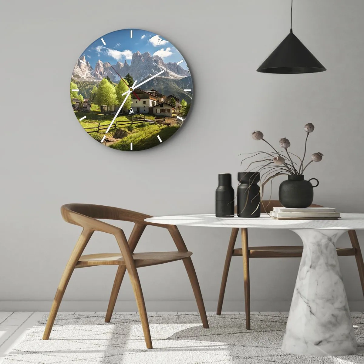 Väggklocka - Klocka på glas - Alpin idyll - 40x40 cm