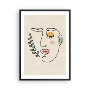 Affisch i svart ram - Minimalistiskt linjeporträtt av en kvinna mot beige bakgrund - 50x70cm - Återfunnet lugn  - Modern väggdekoration för vardagsrum och sovrum ARTTOR
