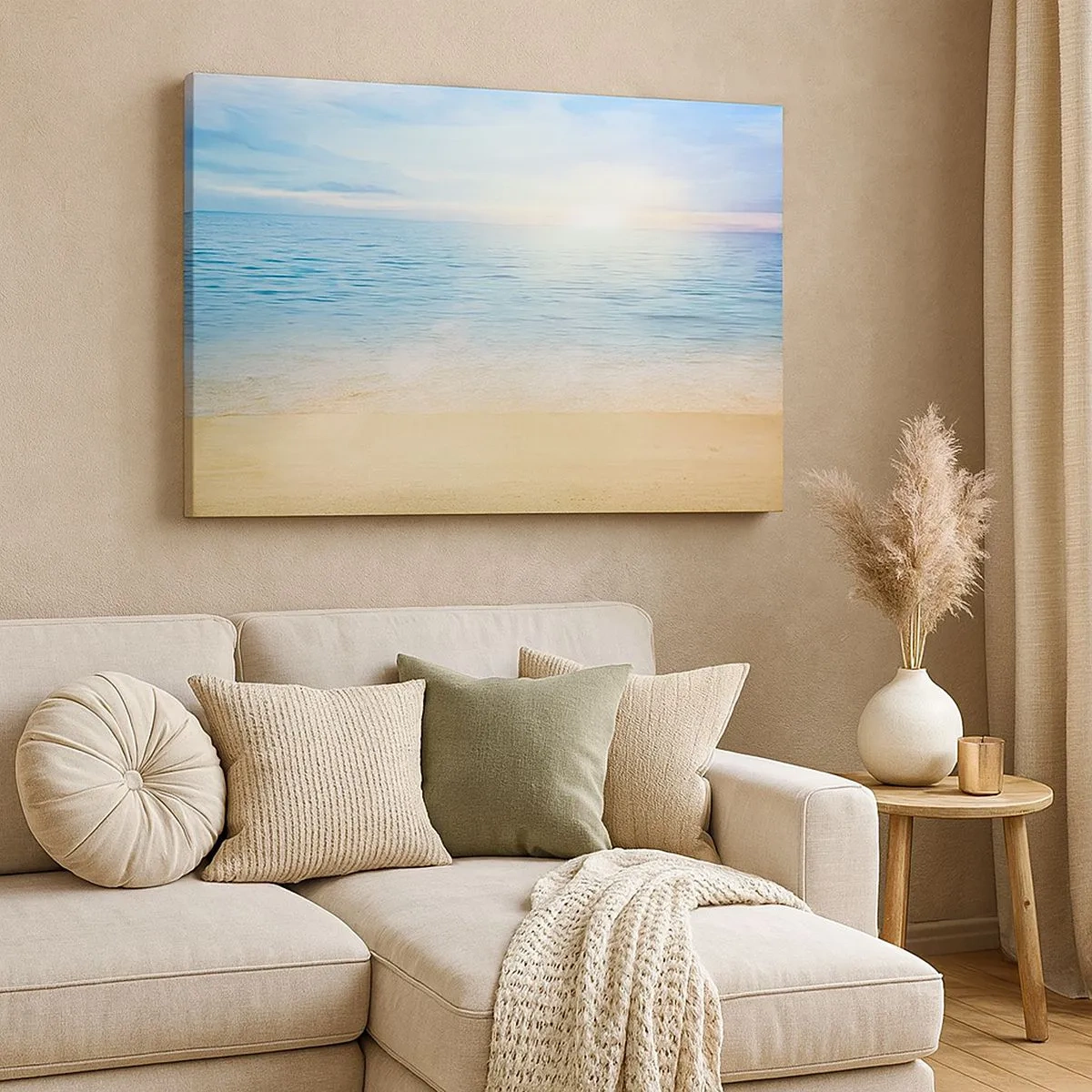 Canvastavla - Bild på duk - En strand med turkost hav och klar himmel - 70x50cm - Det stora blåa - Modern väggdekoration för vardagsrum och sovrum ARTTOR