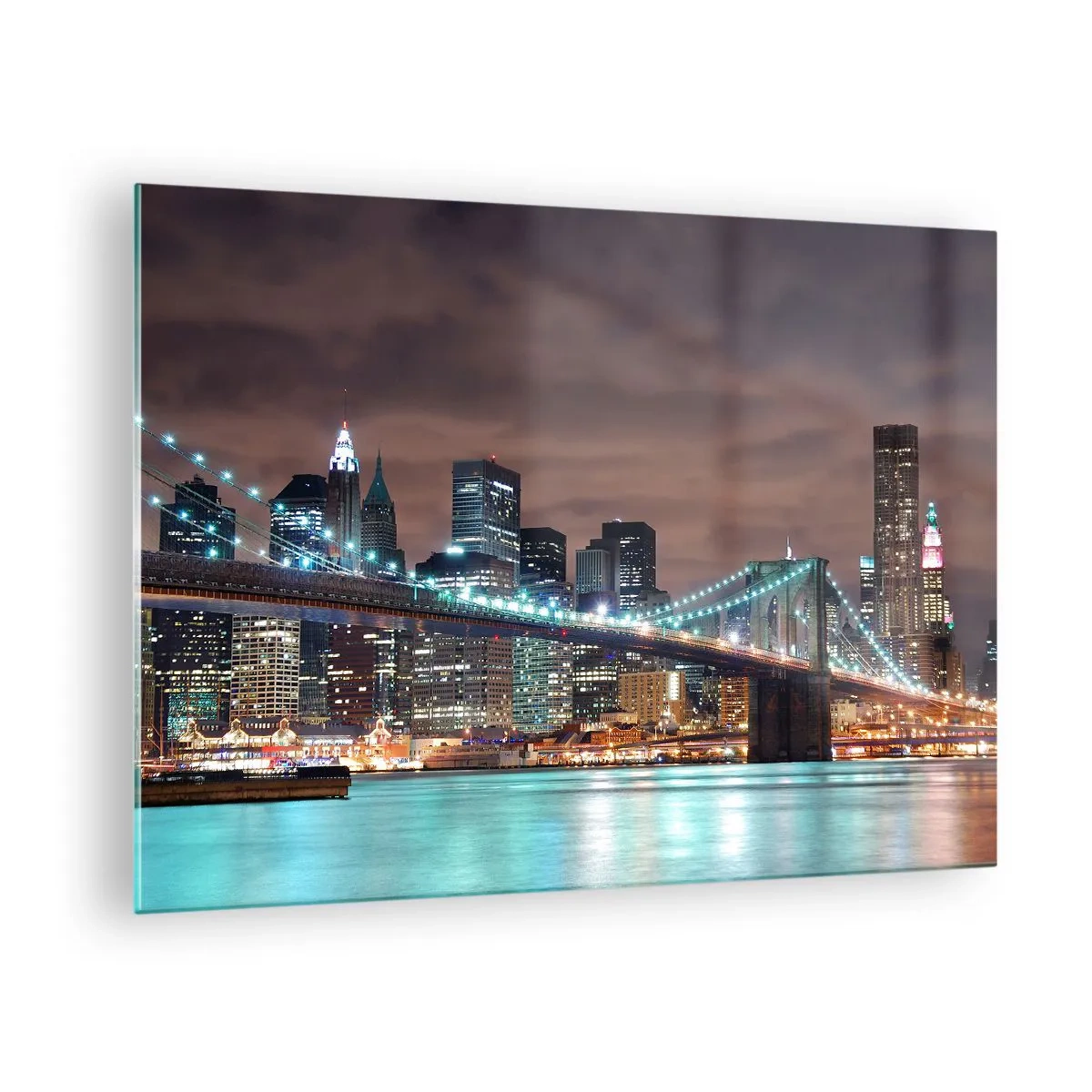 Glastavla - Bild på glas - Nattpanorama över staden med den upplysta bron - 70x50cm - Storstadens ljus - Modern väggdekoration för vardagsrum och sovrum ARTTOR