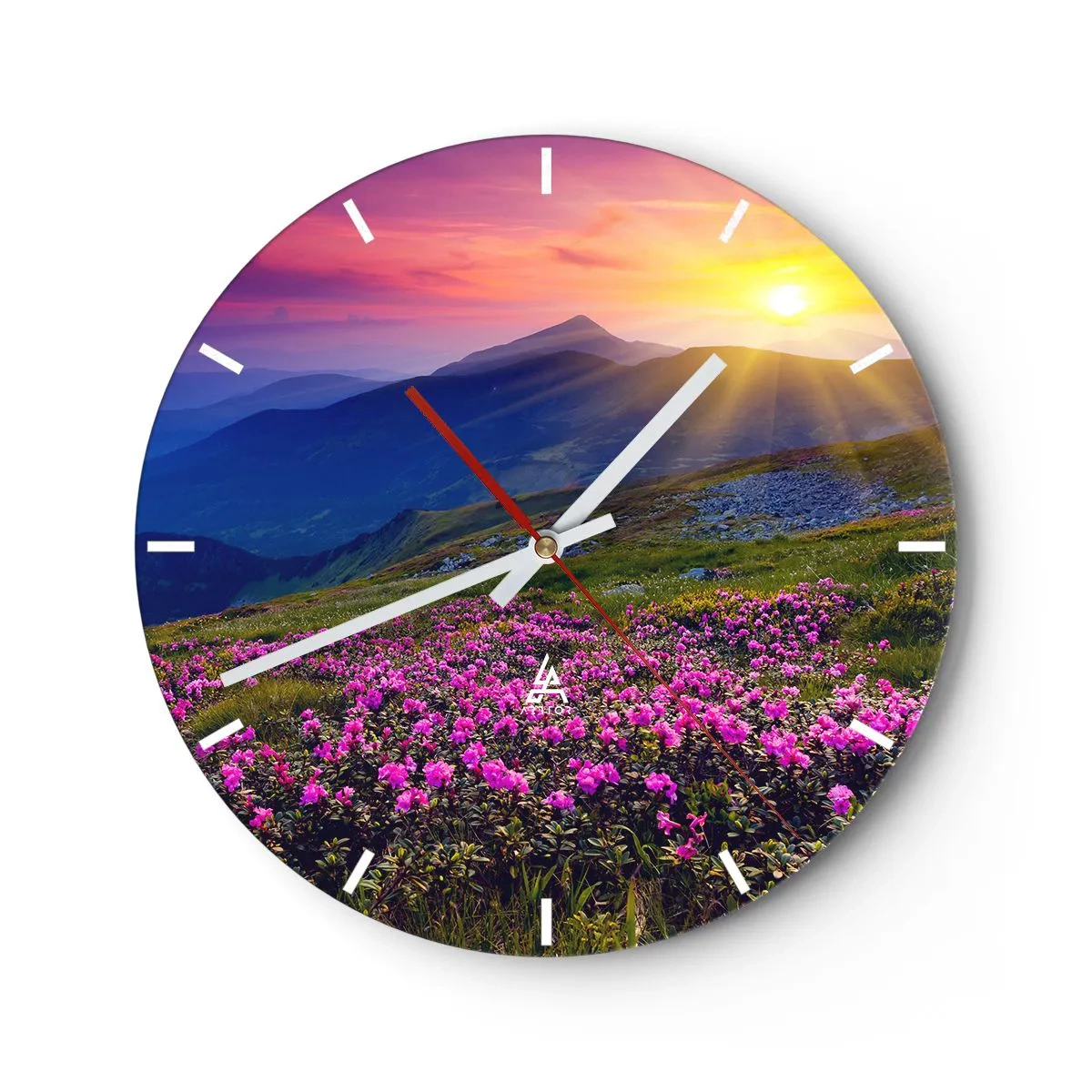Väggklocka - Klocka på glas - Berglandskap vid solnedgången med blommande blommor - 30x30cm - … Bergtallen doftar och örterna luktar runt omkring - Modern väggdekoration för vardagsrum, kök och sovrum ARTTOR