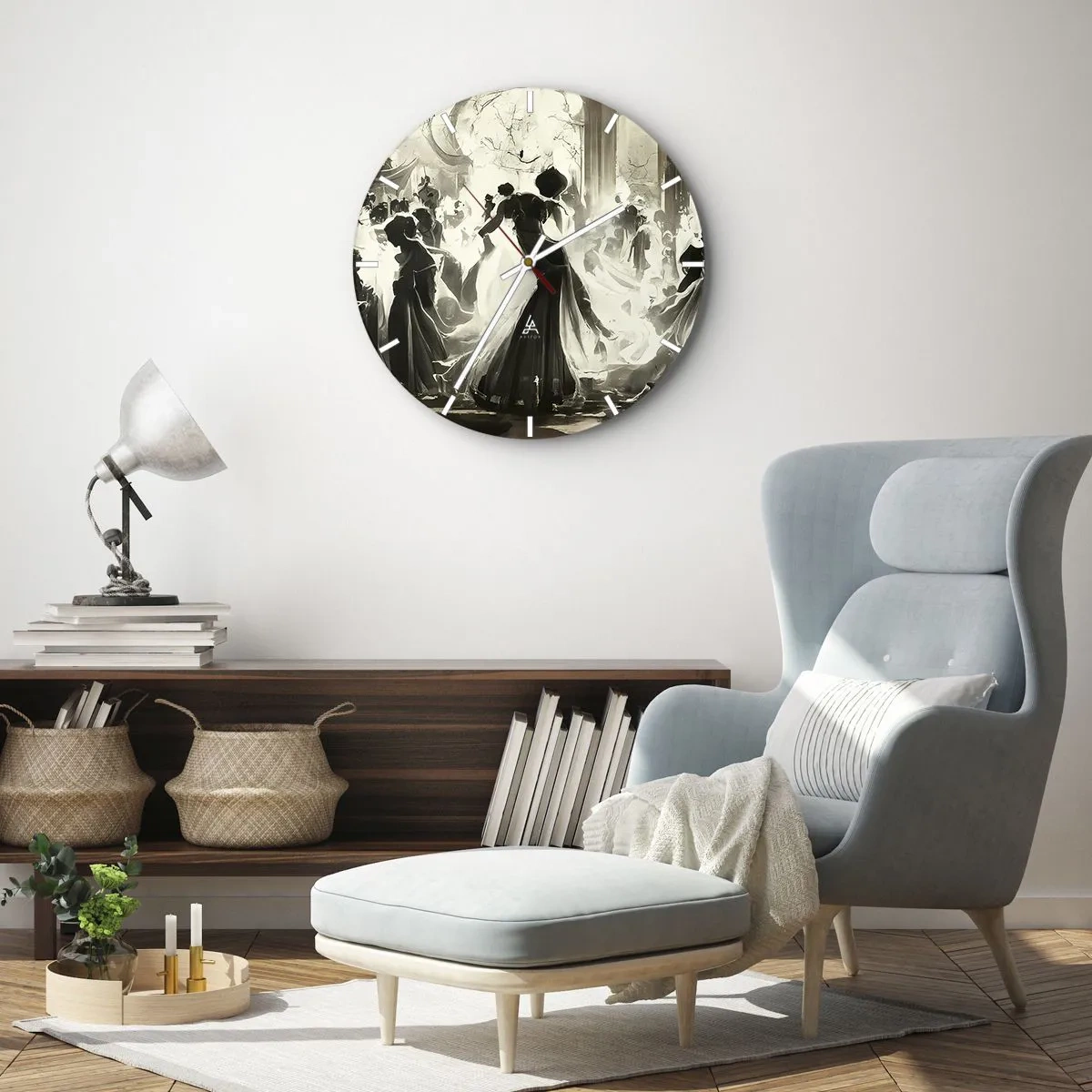 Väggklocka - Klocka på glas - Maskerade balsalfigurer som dansar i en elegant interiör - 30x30cm - Stor maskerad - Modern väggdekoration för vardagsrum, kök och sovrum ARTTOR
